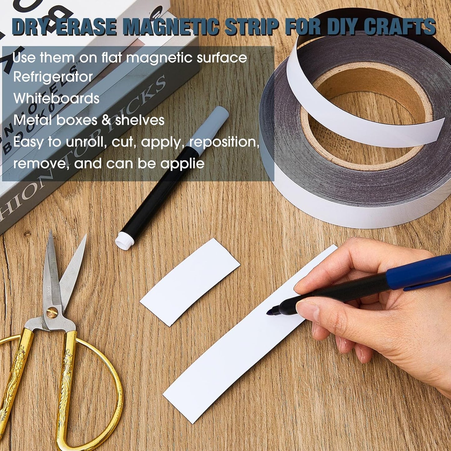 Amylove 1" x 30 ft Magnetic Tape Strip Roll, Dry Erase Label, Writable Magnets Sticky Labels, Flexible Magnet Dry Erase Tape Strips for Whiteboards, Refrigerator, Crafts, DIY Storage