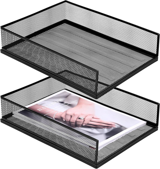 Magazine File Holder, 2 Pack Desk Organizer and Accessories, Metal Paper Tray Office Document Organizer Wire Mesh Letter Trays Stackable Desk File Storage Basket, Black