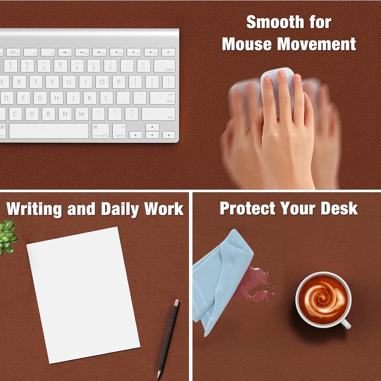 Hsurbtra Desk Pad, 23.6" x 13.8" PU Leather Desk Mat, M Extended Mouse Pad, Waterproof Desktop Blotter Protector, Non-Slip Ultra Thin Small Laptop Keyboard Writing Mat for Office Home, Brown