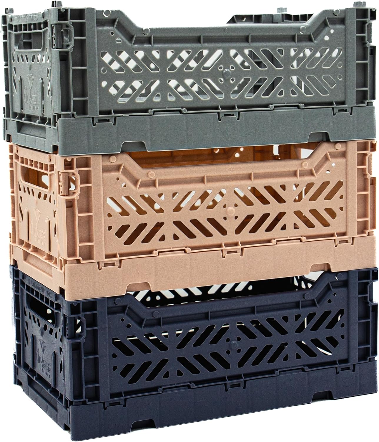 Collapsible Storage Box, Foldable Crate Organizer Bin with Handle, Stackable Crates for Home Organization (Gray-MilkTea-Navy, 4L - 3-Pack)