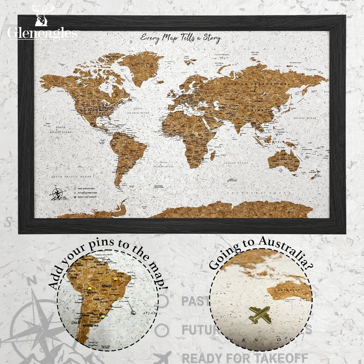 Gleneagles World Travel Map & Pin Board | Framed Pinboard | Cork Wooden Design | 70 Push Pins Included | 14.2'' x 21.2'' Personalised Home Wanderlust Decor for Travelers (Black)