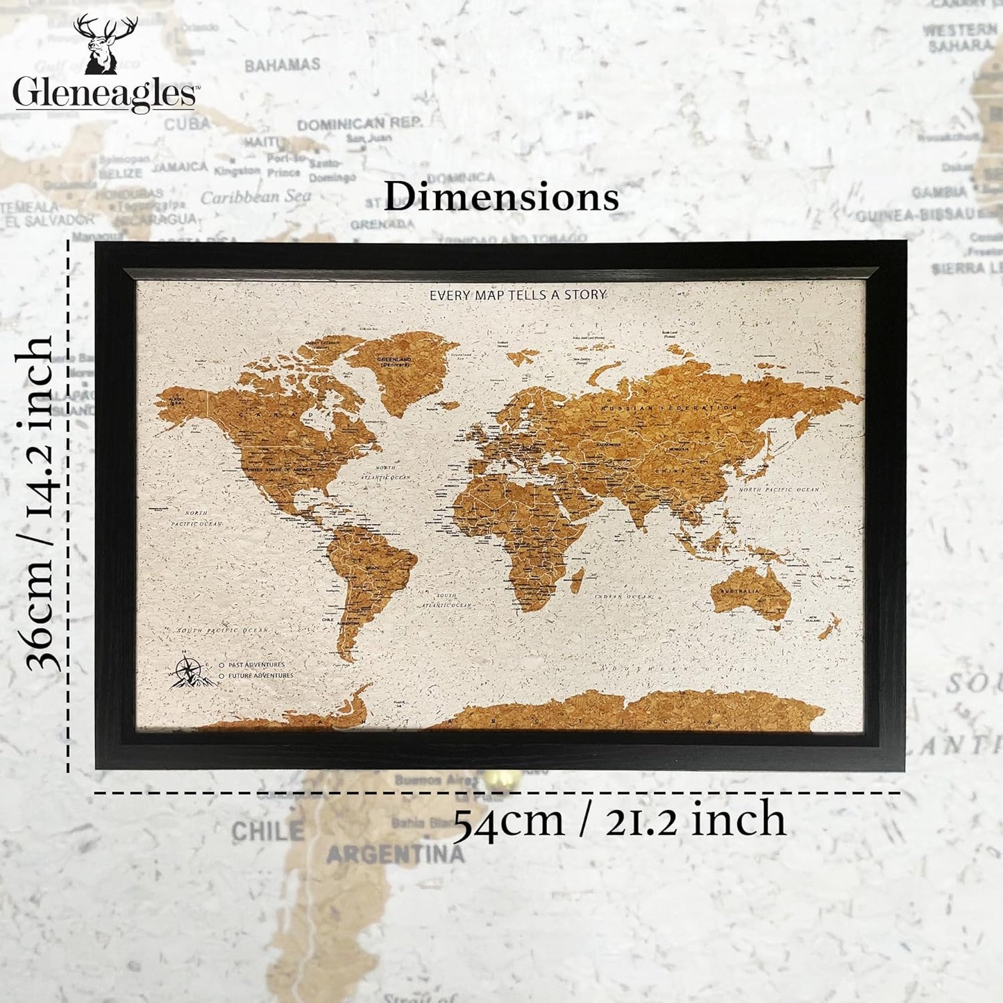 Gleneagles World Travel Map & Pin Board | Framed Pinboard | Cork Wooden Design | 70 Push Pins Included | 14.2'' x 21.2'' Personalised Home Wanderlust Decor for Travelers (Black)