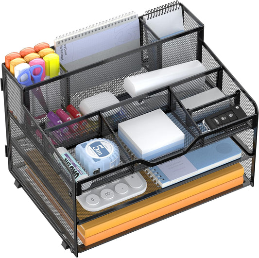 Docnest 3 Tier Mesh Desk Organizer for Paper Office Supplies – Multi-Functional Letter Tray with 5 Adjustable Compartments, 3 Pen Holders, Desktop Storage for Files, Mail, Stationery – Black