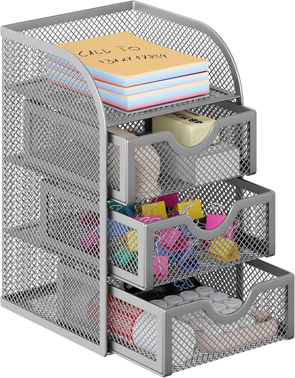 EasyPAG Mesh Desk Organizer with 3 Drawer Office Desktop Organizers and Accessories Stationery Caddy for Office, Home, Students, Silver