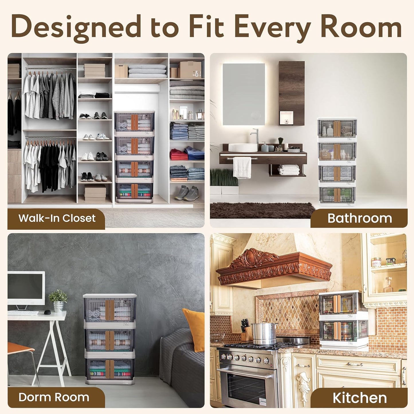 Quik Box - 8.5 Gallon Stackable Storage Bins with Doors & Wheels - Collapsible Organizer for Dorms, Bedroom & Home - Durable Polystyrene - White