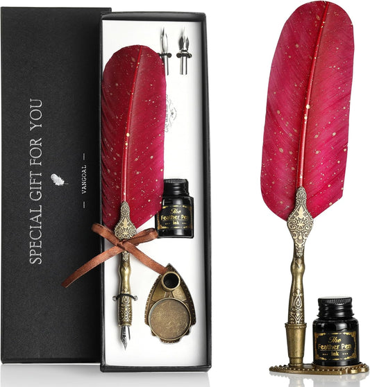 VANGOAL Vintage Carving Feather Pen Set, Glittering Quill Pen Set Antique Calligraphy Writing Dip Pen with Ink, 2 Replacement Nibs, Pen Stand Base, Luxury Vintage Signature Pen (Red)