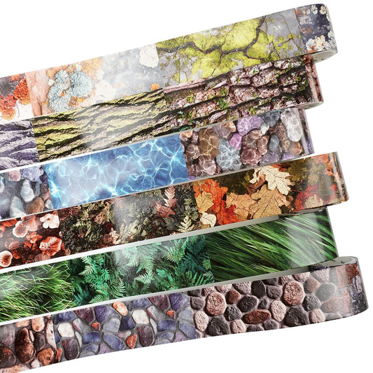 Nature-Inspired Washi Tape Set – 6 Decorative Rolls Featuring Realistic Plant, Pebble, Bark, Moss, and Water Designs for Journaling and Scrapbooking