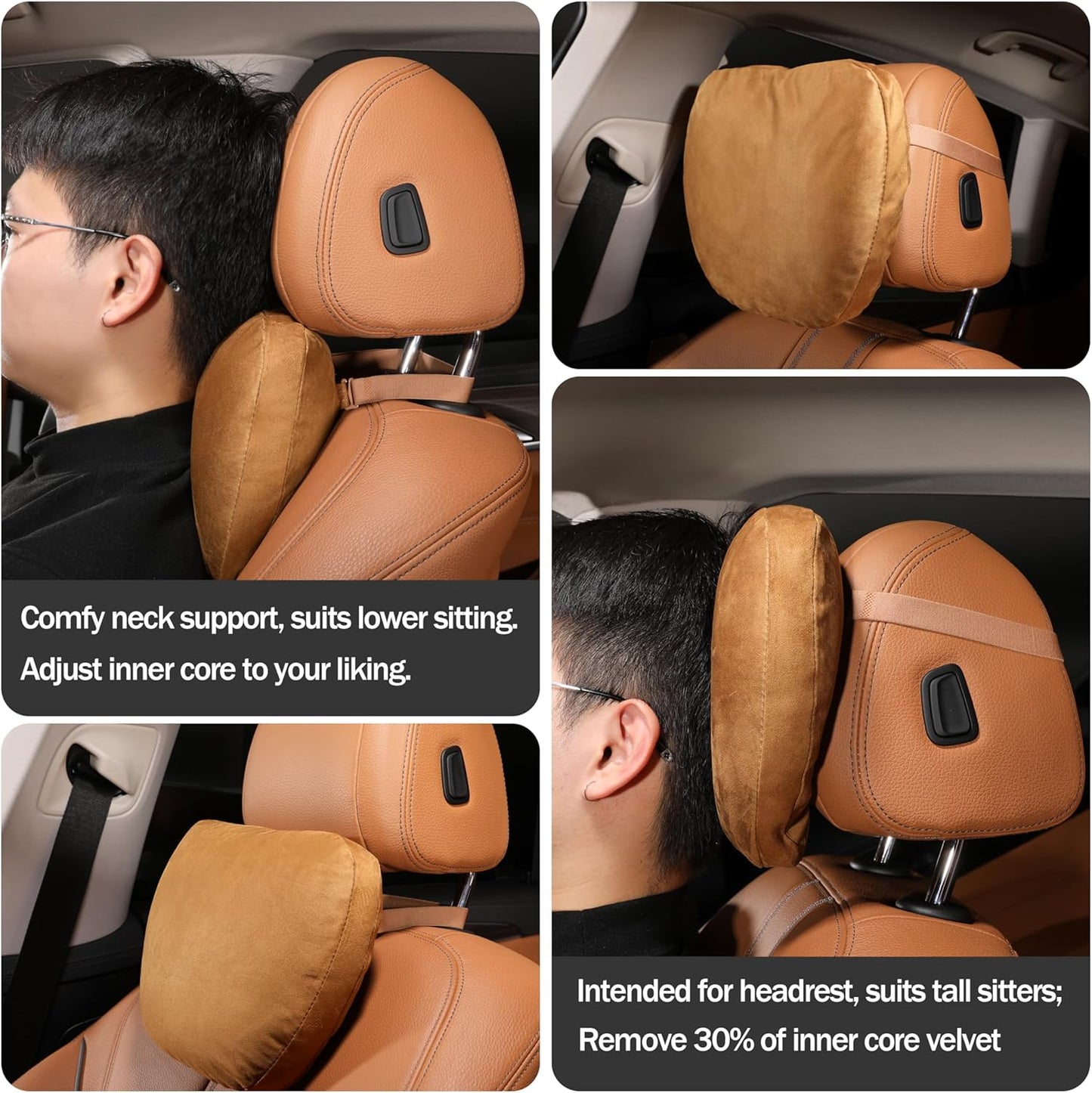 Genuine Leather Car Neck Pillow for headrest,Support Drive Seats Head Cushion,Real Cow Leather,11.8x7.5”,Plant-Based Polyester,Thickness & Height Adjustable,Inner Liner fillable(Black,1p)
