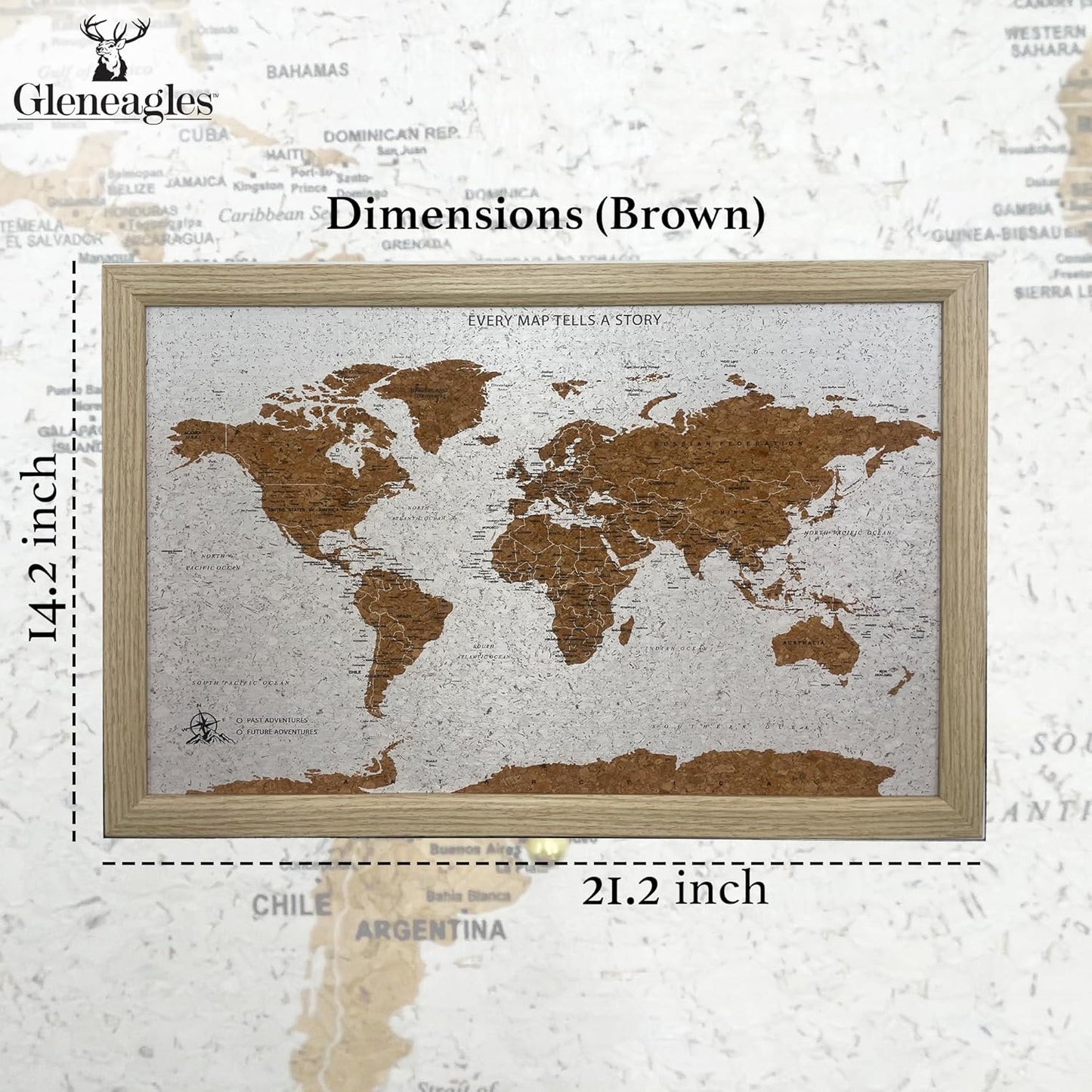 Gleneagles World Travel Map & Pin Board | Framed Pinboard | Cork Wooden Design | 70 Push Pins Included | 14.2'' x 21.2'' Personalised Home Wanderlust Decor for Travelers (Beige)