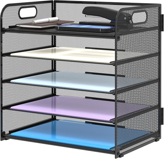 Supeasy 5 Trays Paper Organizer Letter Tray with Handle-Mesh Desk File Organizer, Paper Sorter Desk Organizer for Office, Home or School